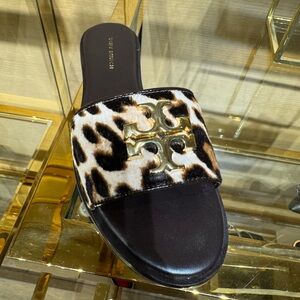 Tory Burch Everly Calf Leather Gold Signature Logo Slide Sandal